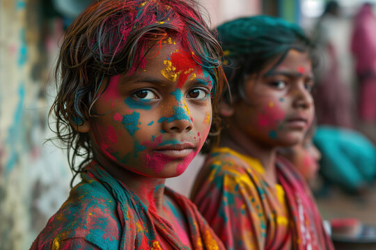 Holi holiday, portrait of Indian children in multi-colored paint sitting on the street and looking at camera