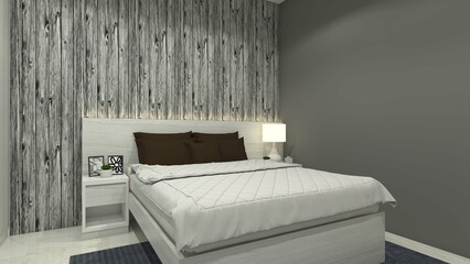 Obraz na płótnie Canvas Minimalist bedroom design with industrial wallpapper and minimalist side drawer.