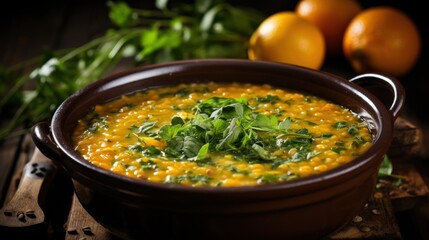  Bowl of orange lentil soup adorned with fresh green herbs on  rustic table.