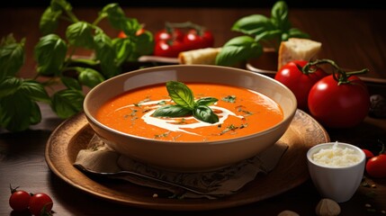 Creamy tomato soup with basil, elegantly simple in presentation.