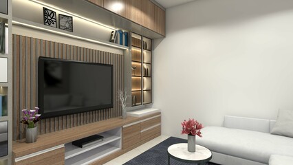 Modern television cabinet with wooden furnishing and showcase display for accessories, using lighting interior, minimalist table and hanging storage cabinet.