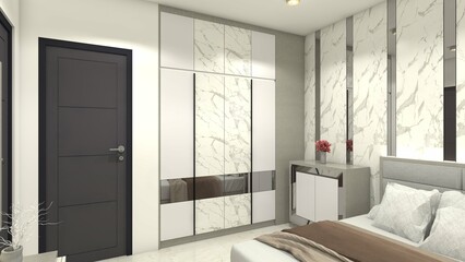 Fototapeta na wymiar Modern wardrobe cabinet design with marble doors combination for interior master bedroom.