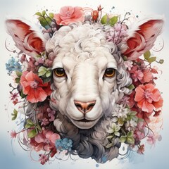 Illustration of sheep head with flowers on white background. Digital painting.