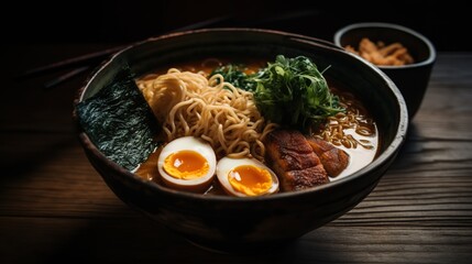 Colorful Bowl of Ramen with Contrasting Colors and Textures, a Flavorful Japanese Delight