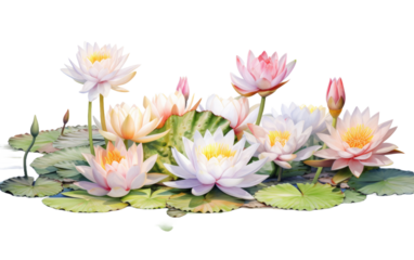 Water lilies in pond isolated on white or transparent background