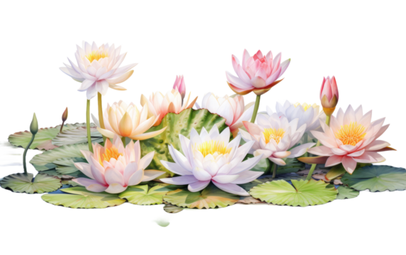 Water lilies in pond isolated on white or transparent background