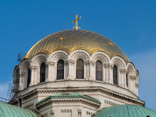Alexander Nevsky Cathedral on a sunny morning in Sofia, Bulgaria - Dome close-up shot