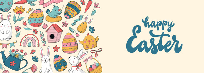 Happy Easter lettering quote deocrated with doodles for banners, prints, invitations, sale leaflets, cards, templates, etc. EPS 10