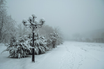 winter foggy landscape on an alley in a park with lanterns and a bench in the snow in the fog