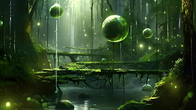 Crystalline orbs of luminescence hover over a lush and verdant forest their spectral Fantasy art concept.
