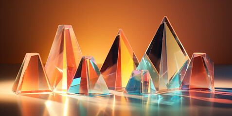 Glass geometric figures prisms. Abstract background with closeup shot of glossy crystal block with...