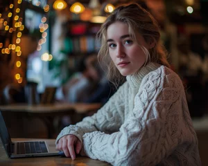 Foto op Plexiglas Portrait of a Lovely Young Woman in an Internet Café, Seated at a Table with Her Laptop, Enjoying the Cozy Ambiance, Bokeh Background Adding to the Comfortable Atmosphere © NadinMich