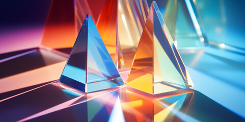 geometric prism glass Abstract blue tone background with close-up of shiny crystal blocks with multicolored gradient reflections on a blurred glass surface.