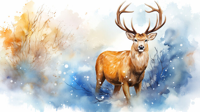watercolor deer illustration with splash watercolor textured background. AI Generative