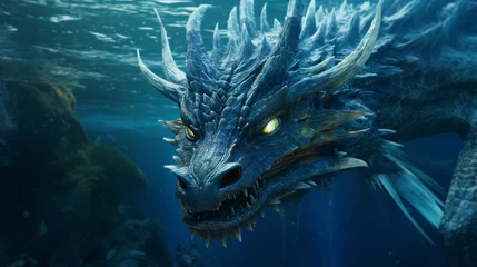 Foto op Aluminium Head of a Fantasy Evil dragon with glowing eyes. Mythical creature in the sea Fearsome AI Generative © Witri