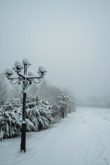 winter foggy landscape on an alley in a park with lanterns and a bench in the snow in the fog