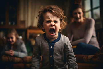 Capricious child, like a little boy crying at home against the background of his brother and mother - obrazy, fototapety, plakaty