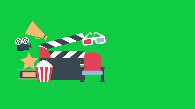 4K Animated Infographic Footage visualizing Cinema Movie, Projector, Popcorn, 3D glasses, Clacket, Award, Seat, Megaphone, green screen chroma key background