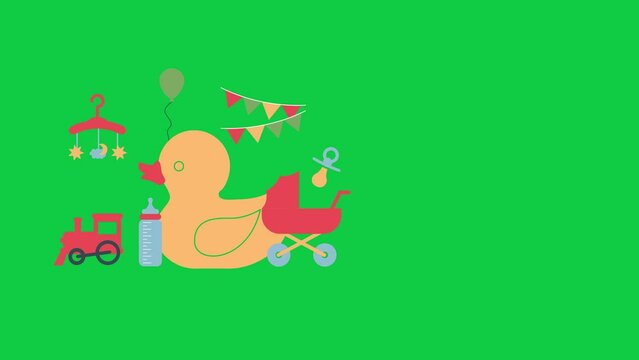 4K Animated Infographic Footage visualizing Baby Care, Hanger Toy, Stroller, Pacifier, milk, duck, ballon and train, green screen chroma key background