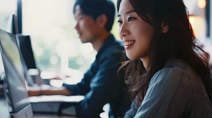 Fotobehang a beautiful korean businesswoman with a smile, she helps male employee work on computer documents by his side. generative AI © yj