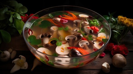 Vibrant Tom Yum Goong with Contrasting Colors and Aromatic Flavors, a Spicy Thai Delicacy