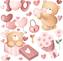 Watercolor Illustration set of Valentine Teddy Bear and love elements