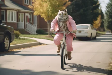 Fototapeten Owl on a pink bike enjoying a ride in a sunny suburb © AdriFerrer