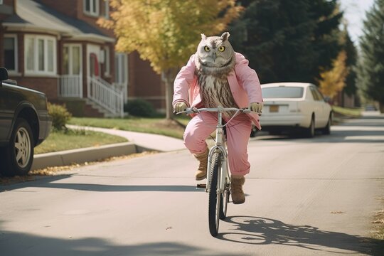 Owl on a pink bike enjoying a ride in a sunny suburb