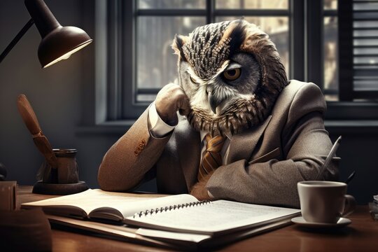 Contemplative owl in an office setting looking pensive