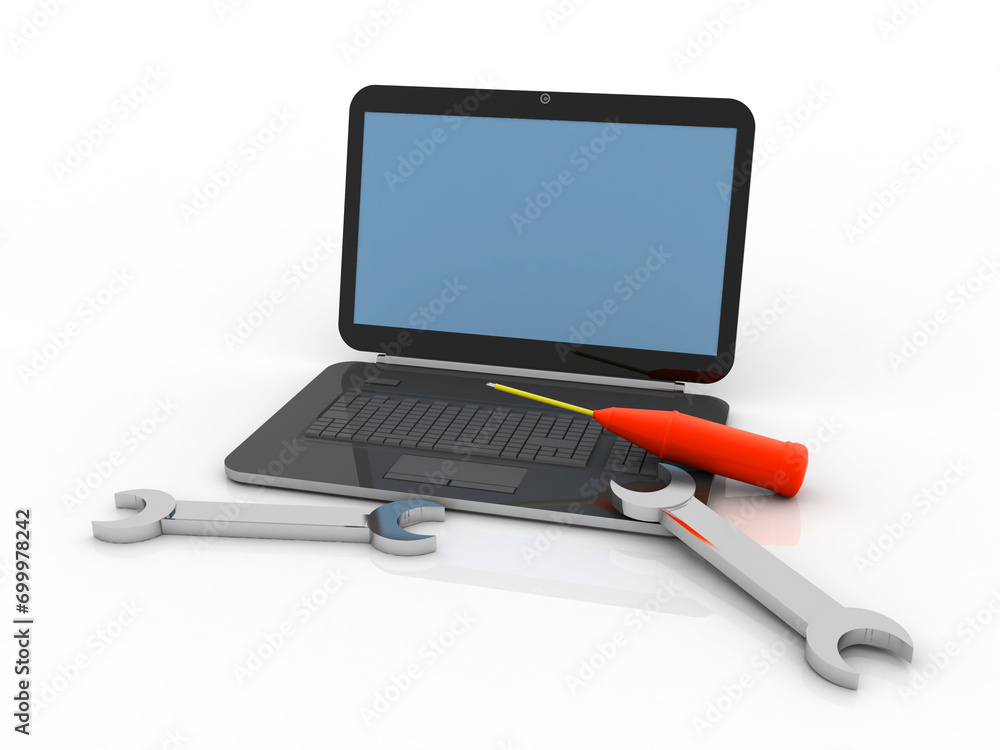 Poster 3d rendering laptop with screwdriver and spanner