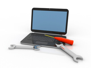 3d rendering Laptop with screwdriver and spanner
    
  