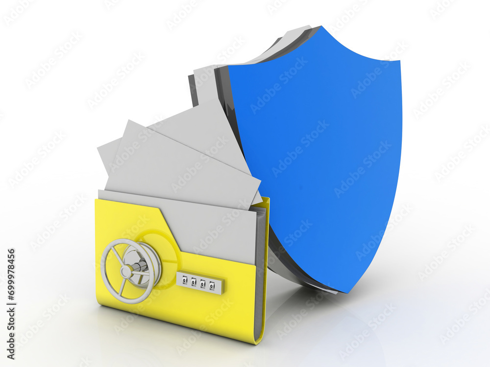 Poster yellow folder and lock protection shield. data security concept. 3d rendering
