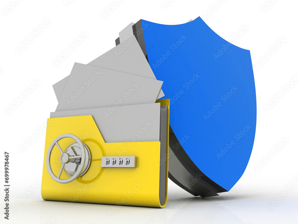 Poster yellow folder and lock protection shield. data security concept. 3d rendering