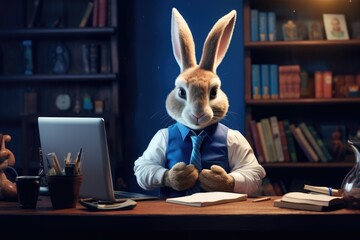 Rabbit in a blue tie working at a laptop in a dark office