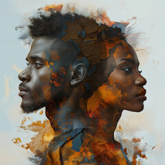 Artistic poster featuring a black man and woman in profile with double exposure map detailing, for Black History Month.