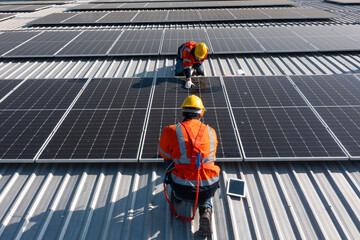 Two caucasian engineering technician is a professional trained in skills and techniques installing solar photovoltaic panels system on industrial factory roof, Engineering concepts to good environment - obrazy, fototapety, plakaty