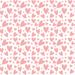 Cute Hand Drawn Love Seamless Pattern. Abstract pink hearts with chalk grunge texture on white background. Vector Ink textured  for Valentines Day greeting card, wrapping paper, fabric design print.