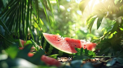 A Cheerful Summery Background with a Juicy Watermelon Slice surrounded by Tropical Leaves and Bright Sunlight - Melon Fruit Food Backdrop for Advertising created with Generative AI Technology