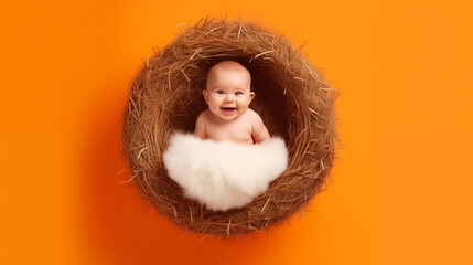 16:9 or 9:16 Photo of a cute baby happily nestled in an Easter egg nest.for backgrounds screens greeting card or other High quality printing projects. - obrazy, fototapety, plakaty