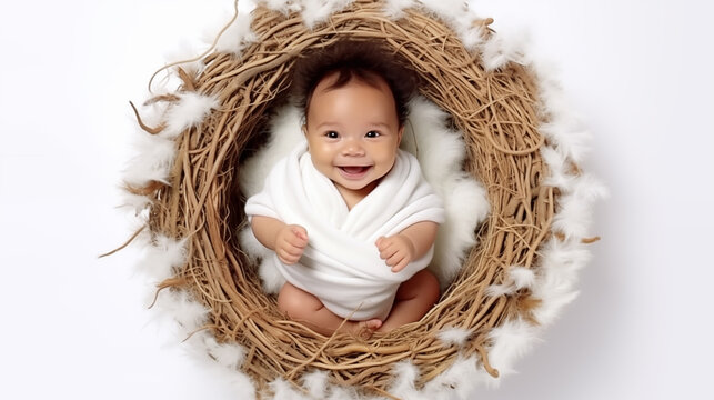 16:9 or 9:16 Photo of a cute baby happily nestled in an Easter egg nest.for backgrounds screens greeting card or other High quality printing projects.