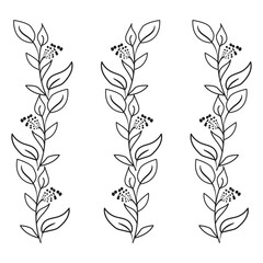 set of laurel wreaths,hand-drawn vector drawing in black outline. Long floral banner, garland of leaves, inflorescences. Flower and branch. Ink sketch. Horizontal patterned border - obrazy, fototapety, plakaty