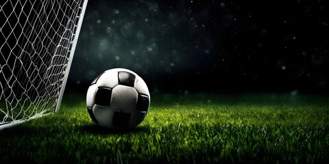 soccer ball in goal net,Soccer Magic. 3D Rendering with Stadium Lights.AI Generative  - obrazy, fototapety, plakaty