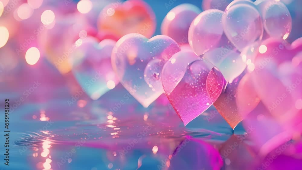 Poster a series of heartshaped soap bubbles, floating in a row and creating a whimsical and magical atmosph