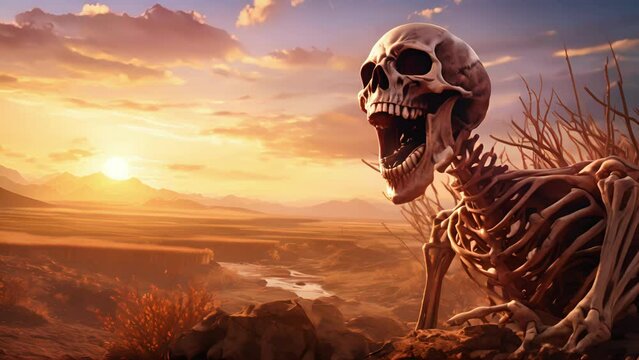 An imposing skeleton rearing up from a barren landscape its gaping mouth letting out a silent shriek.