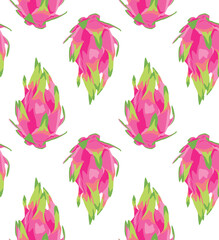 Whole dragon fruit (pitaya). Realistic image of tropical fruits. Seamless pattern in vector. Suitable for backgrounds and prints.