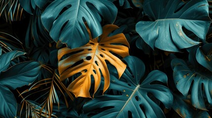 Tropical leaves background, nature and abstract texture, green gold monstera leaves