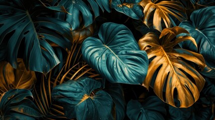 Background of monstera leaves, green gold tropical leaves, nature and abstract texture