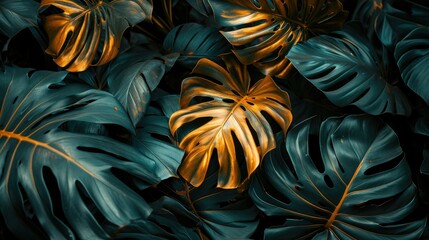 Tropical leaves backdrop, green gold monstera leaves background, nature and abstract texture