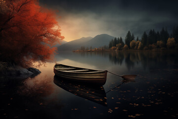 A Boat Gracefully Gliding on the Tranquil Surface of the Lake, Embracing the Calm Beauty of Nature's Reflections