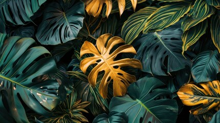Nature and abstract texture, tropical leaves background, green gold monstera leaves